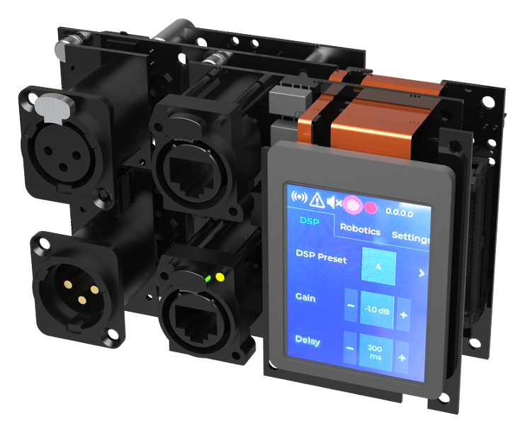 VE module I/O panel with onboard touchscreen showing DSP preset, gain and delay controls alongside XLR and etherCON connections