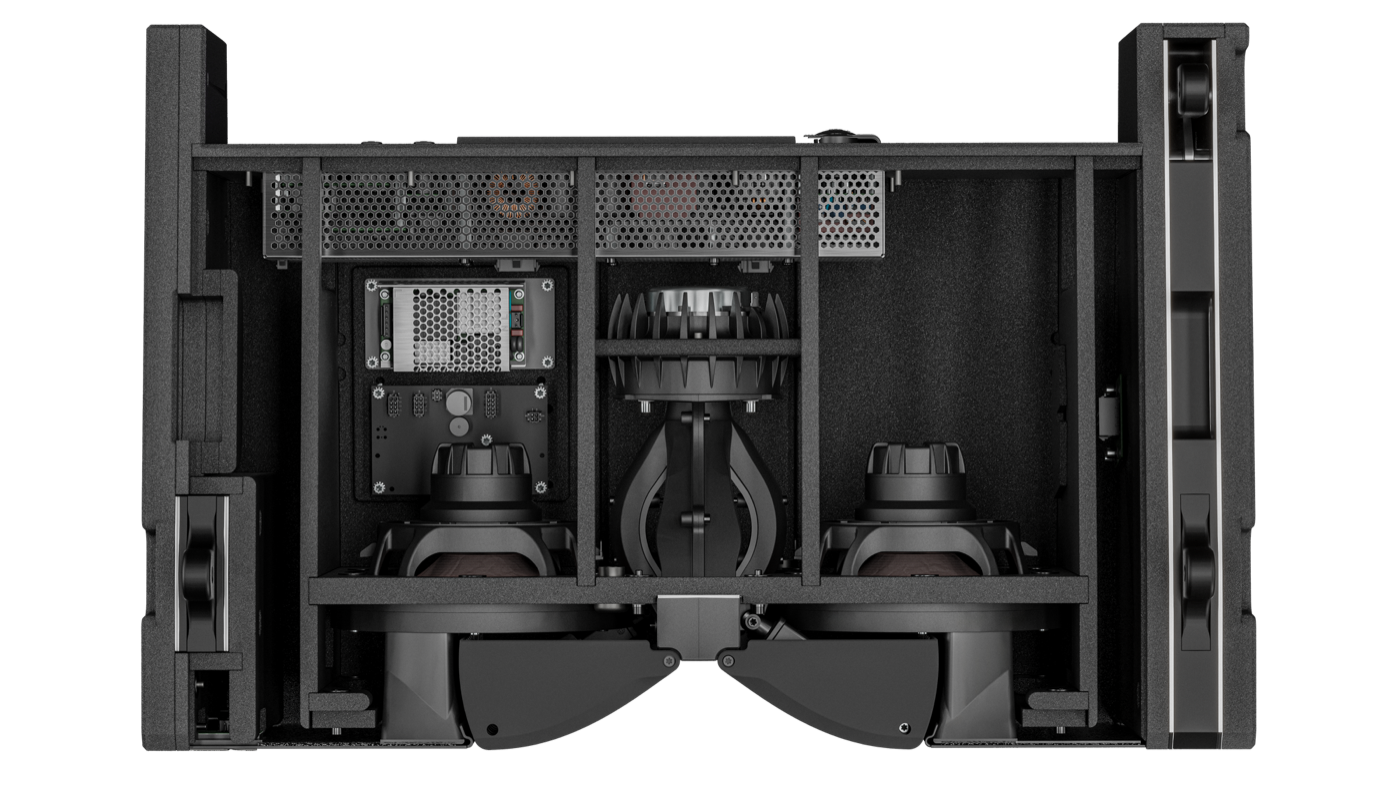 Cutaway of the PK Sound T8 robotic line source element showing onboard amplification, DSP, multi-axis robotics and transducers