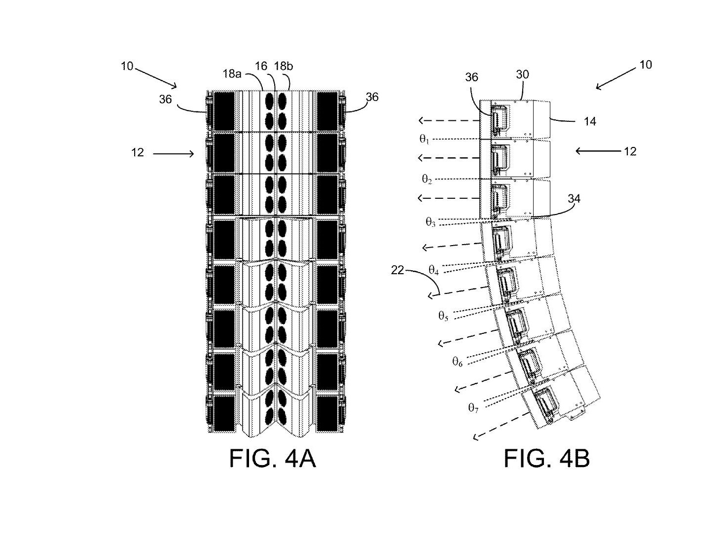 Drawings from U.S. Patent 9,033,098 showing the Trinity line array in straight and curved configurations